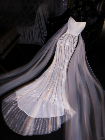 White Mermaid Sweetheart Neck Sequin Satin Tulle Party Dress Evening Dress HZ1023